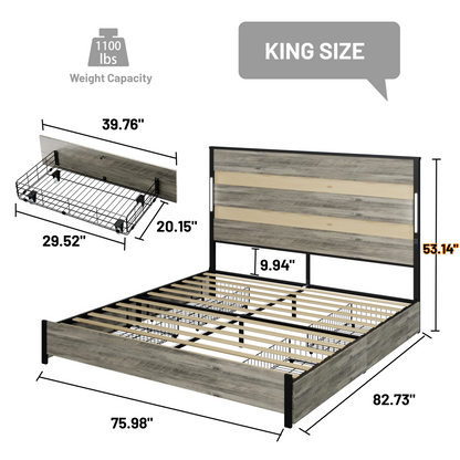 King Size Bed Frame with  Headboard and  4 Storage Drawers , King Bed Frame with Charging Station and LED Lights, Wood Slats, Easy Assembly,No Box Spring Needed,Industrial Gray