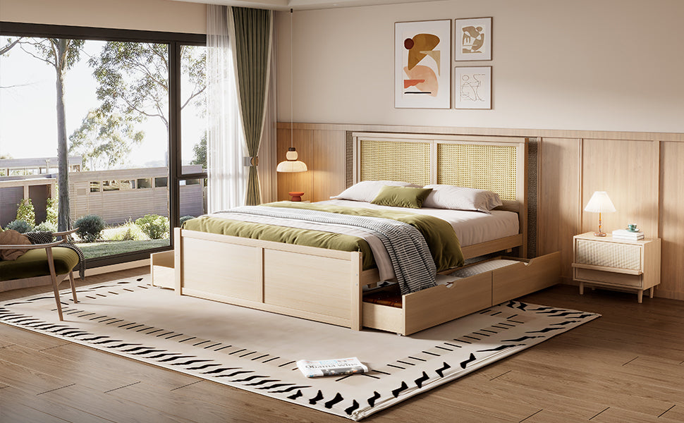 Queen Size Wood Storage Platform Bed with 4 Drawers, Rattan Headboard, Nature