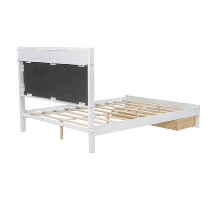 Wood Queen Size Platform Bed with Upholstered Headboard and LED and 2 Drawers, Antique White