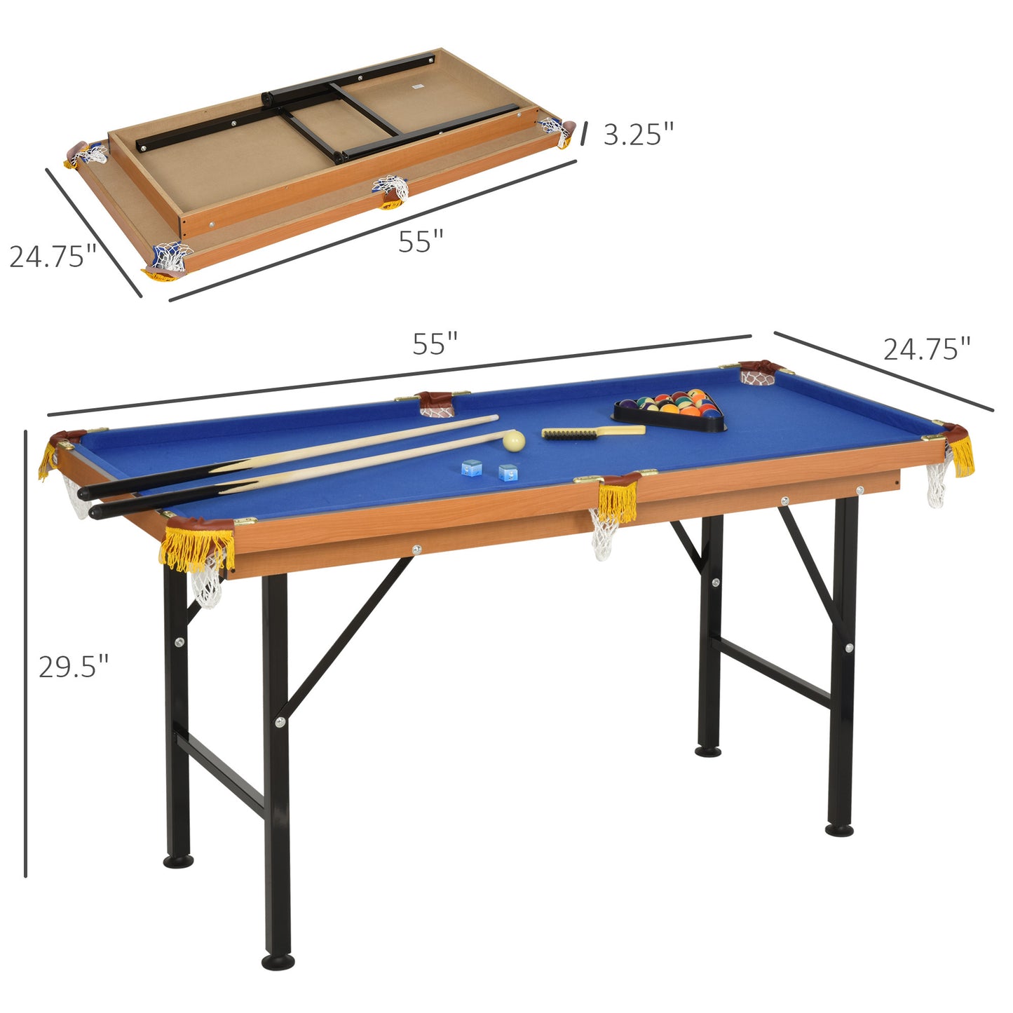 Soozier 55" Portable Folding Billiards Table Game Pool Table for Whole Family Number Use With Cues, Ball, Rack, Chalk, Blue