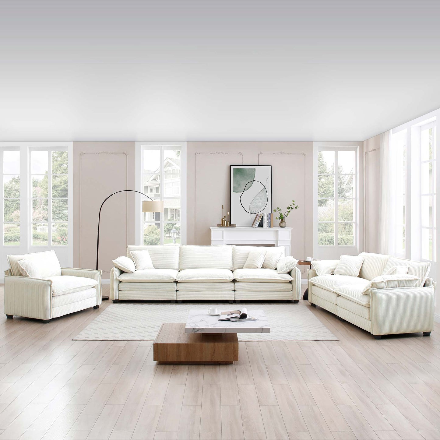 3 Piece  Comfortable Oversized Sectional Sofa, One Single Sofa and One 2-Seater Sofa and One 3-Seater Sofa , Beige Corduroy Deep Seat Sofa