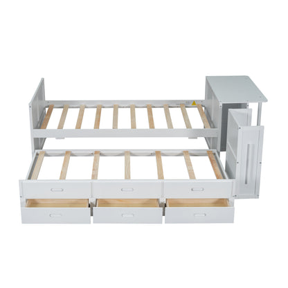 Twin Size Multifunctional Wood Platform Bed with Desk and Storage Shelf at the End of the Bed, Built-in Trundle and 3 Drawers, White