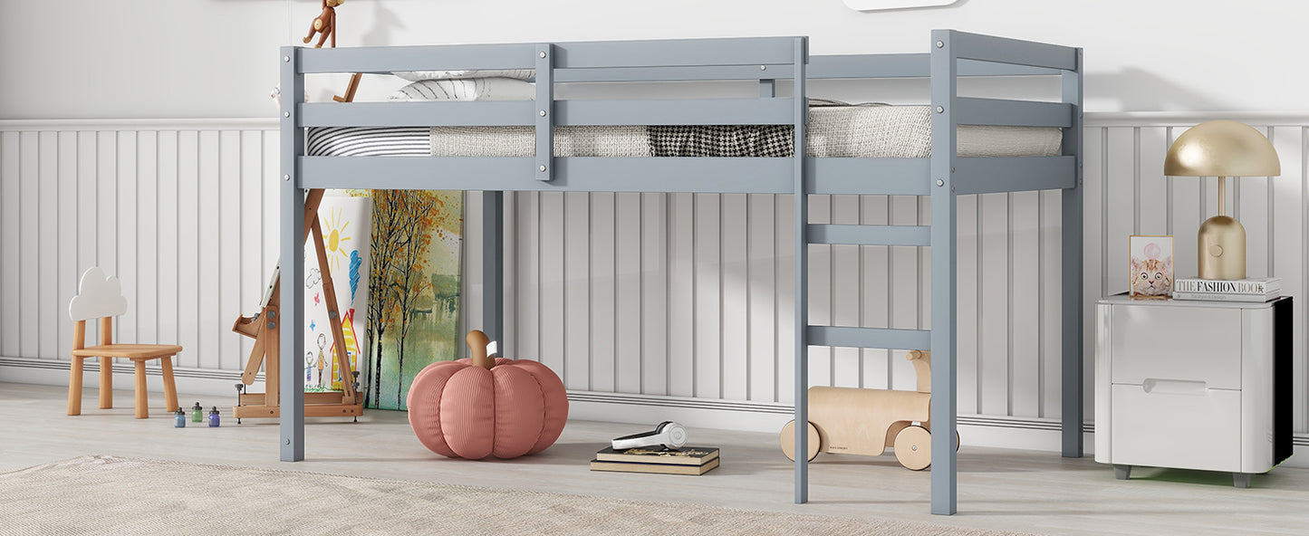 Solid Wooden, Rubber Wooden Twin Loft Bed with Ladder, Bed Platform of Strengthened Slats , Grey