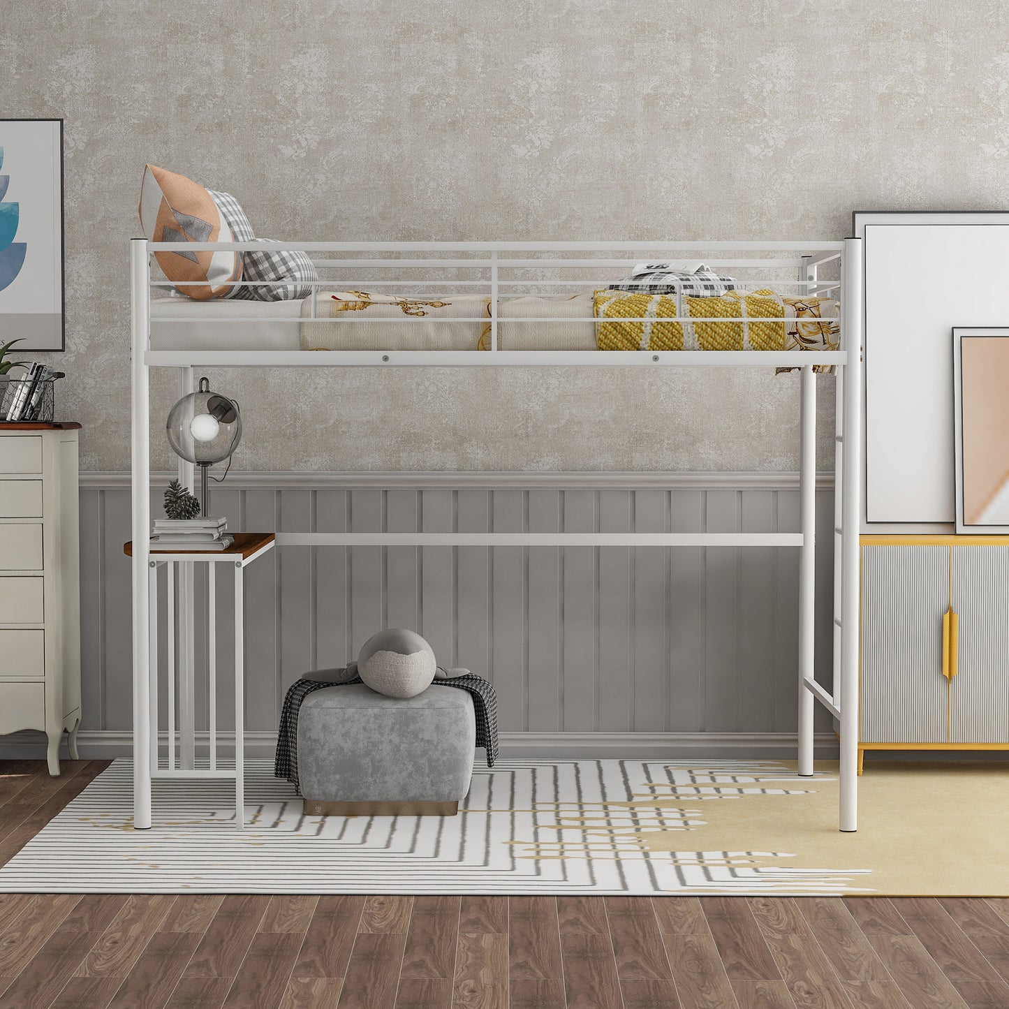 Twin Metal Loft Bed with Desk, Ladder and Guardrails, Loft Bed for Bedroom, White(OLD SKU : MF195191AAK)