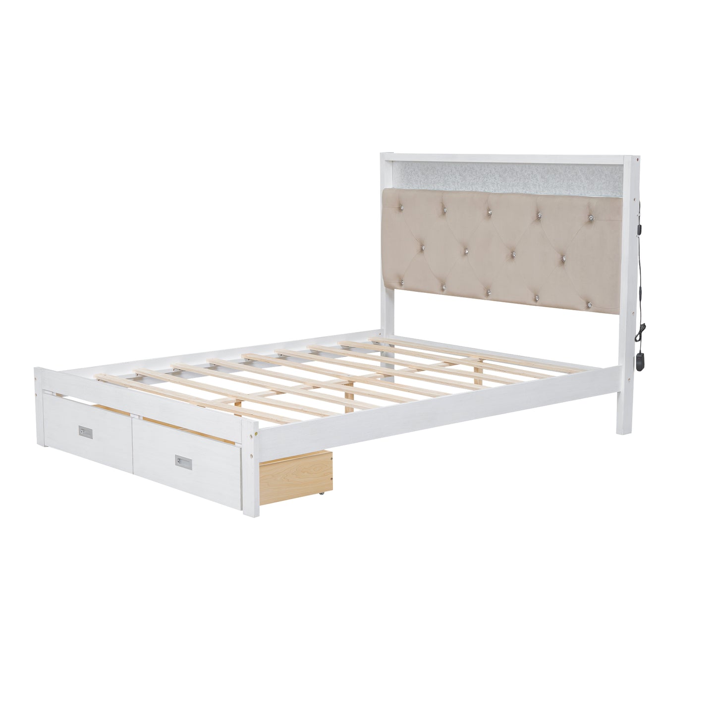 Wood Queen Size Platform Bed with Upholstered Headboard and LED and 2 Drawers, Antique White