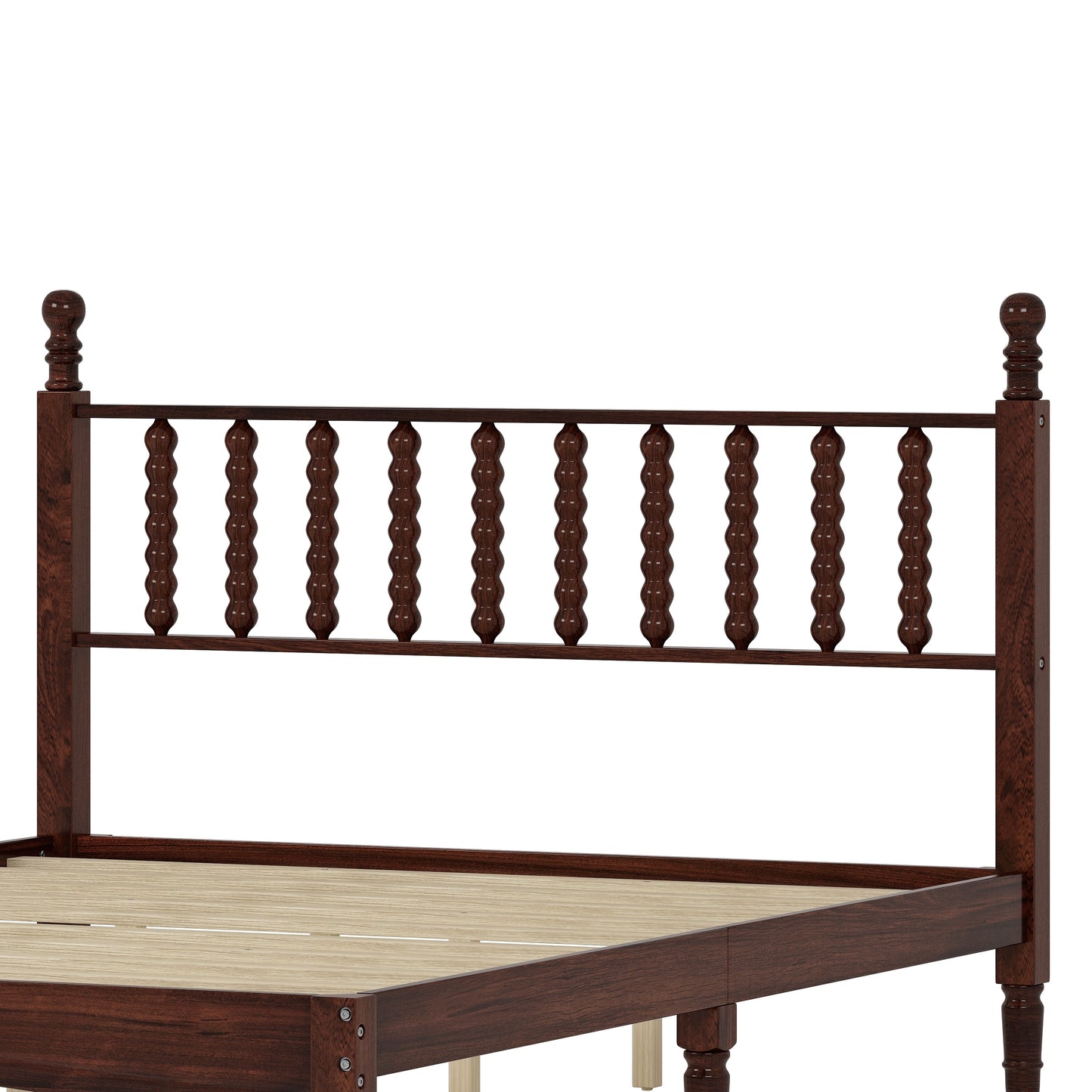 Queen Size Wood Platform Bed with Gourd Shaped Headboard,Retro Style Platform Bed with Wooden Slat Support,Walnut