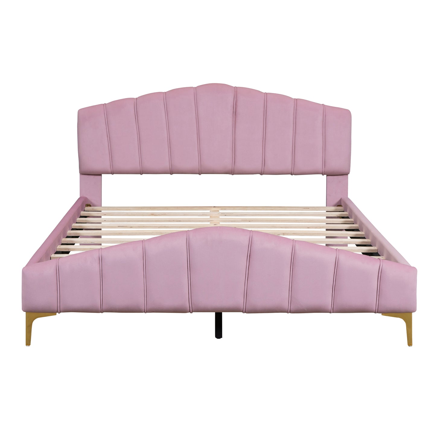 Queen Size Velvet Platform Bed with Thick Fabric, Stylish Stripe Decorated Bedboard and Elegant Metal Bed Leg, Pink