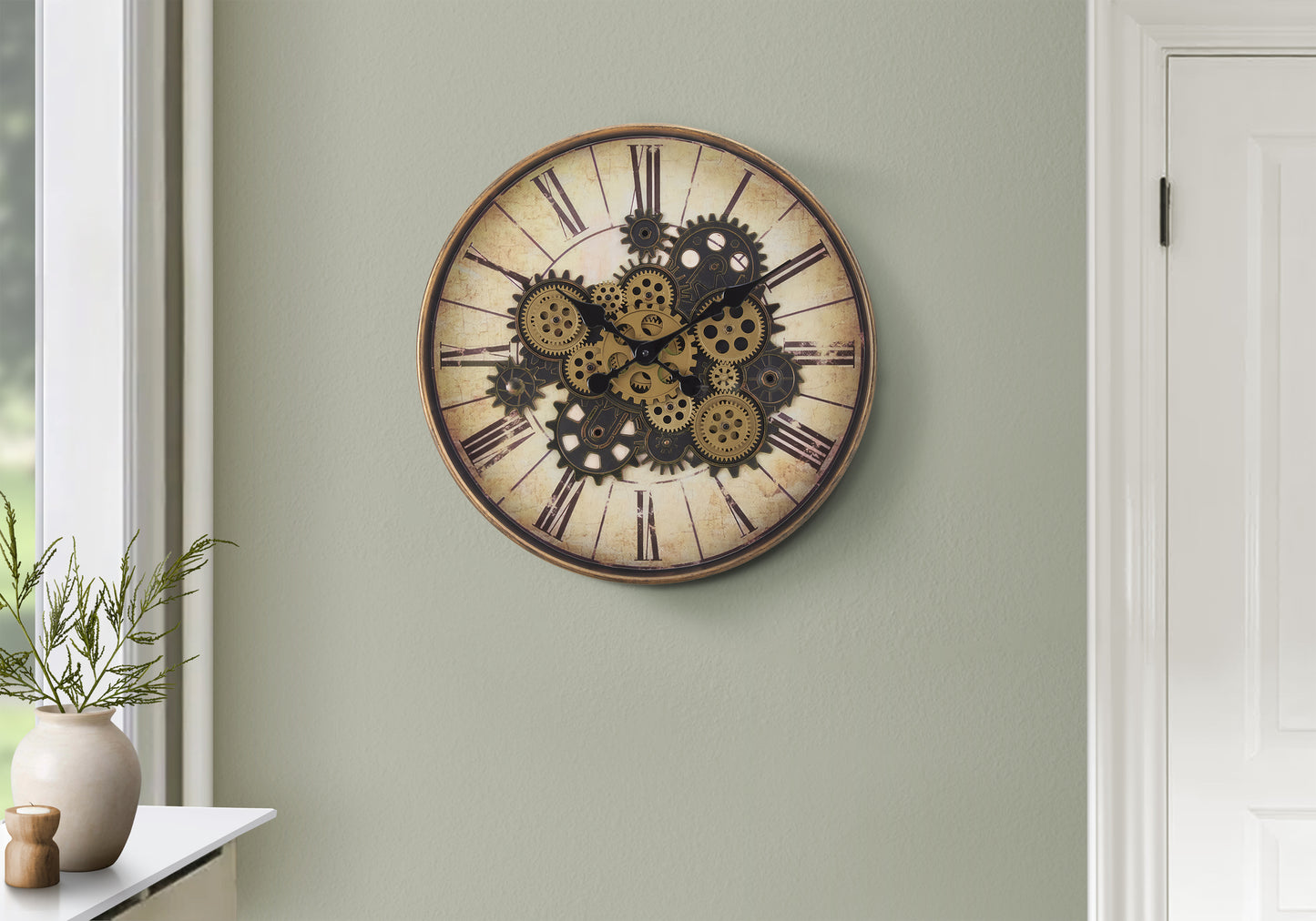 Clocks, 20' Round, Gear Mechanism, Wall Clock, Brown, Transitional