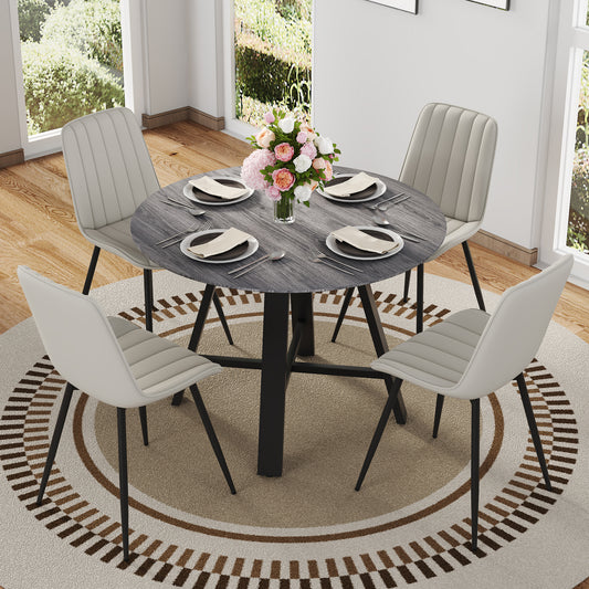 Table and chair set.Modern minimalist 42 'diameter Round MDF Dining Table Set - 4 Extended Seat Cushion PU Dining Chair Set.Gray Wood Grain MDF Table Top,Light Gray Cushion.