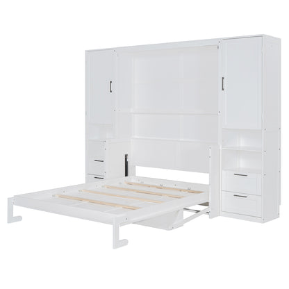 Queen Size Murphy Bed Wall Bed with Closet ,Drawers and Shelves,White