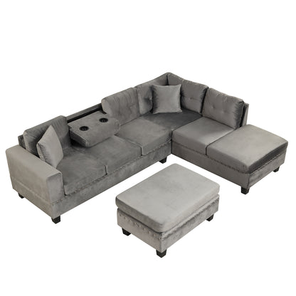 105" Modern Sectional Sofa with Storage Ottoman, L-Shape Couch with 2 Pillows and Cup Holder,Sectional Sofa with Reversible Chaise for Living Room,Gray