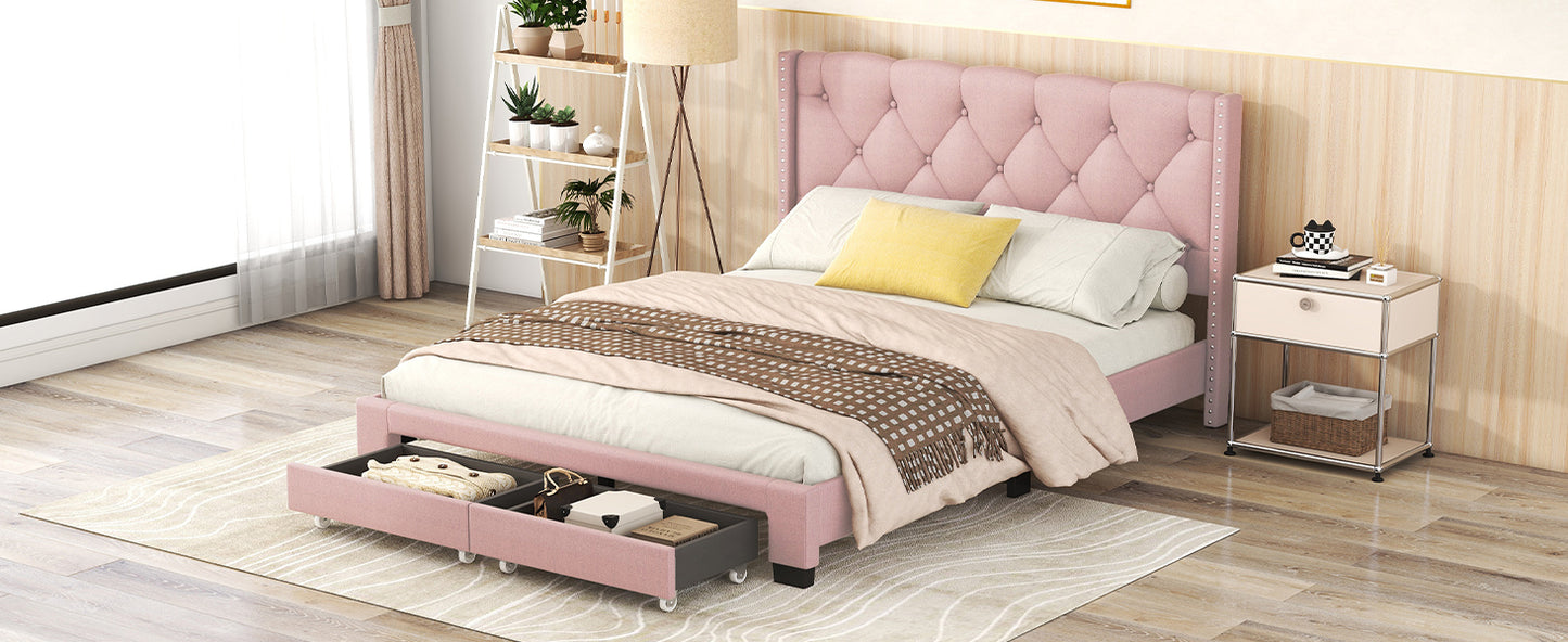 Queen Size Storage Bed Linen Upholstered Platform Bed with Two Drawers - Pink