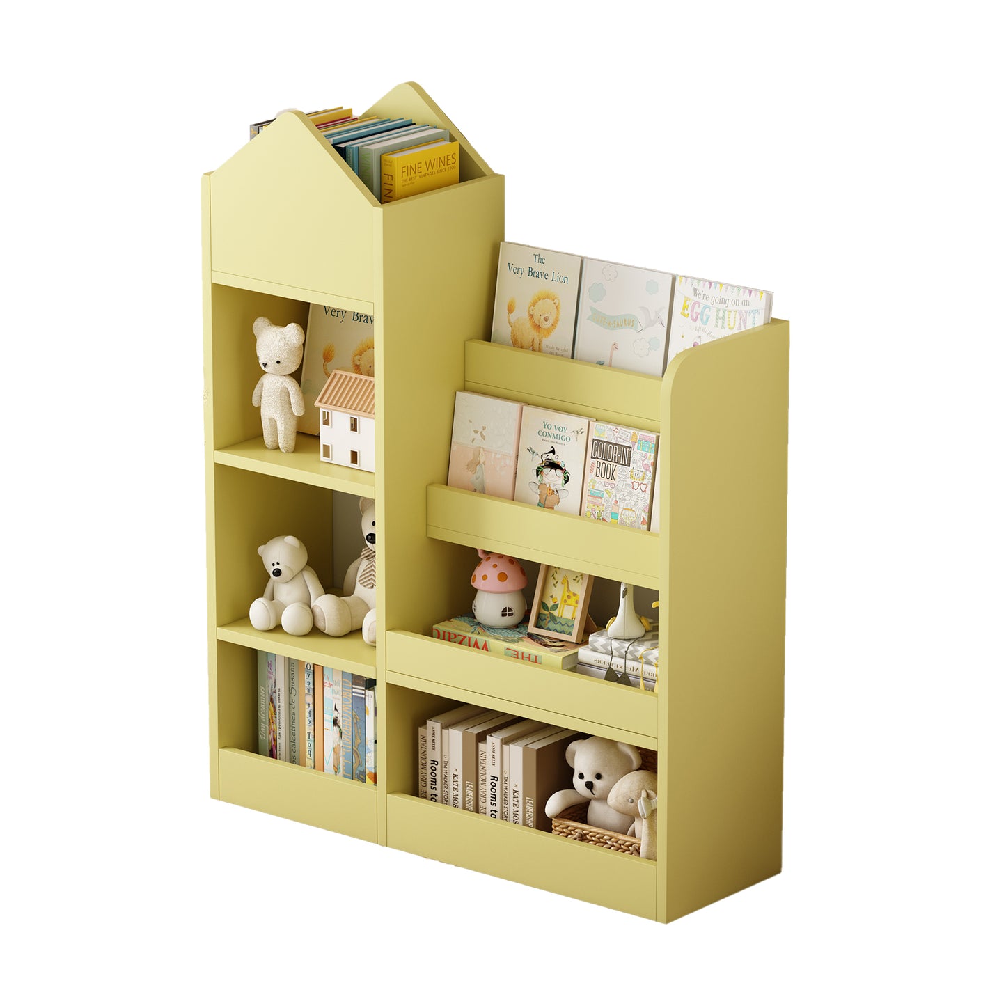 Yellow Kids Wooden Bookshelf Toy Storage Organizer with Bookcase, Kid's Bin Storage Unit with 6 Compartments 2 Baskets Bins Toys Box Organizer, Children Multi Shelf Cubby for Books, Toys Shelf