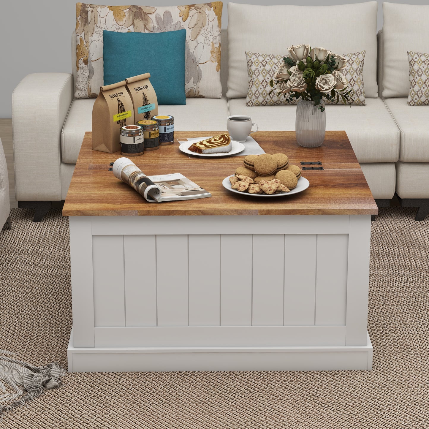 31.5" Farmhouse Coffee Table, Square Wood Center Table with Hinged Lift Top, Rustic Cocktail Table with Large Hidden Storage Compartmen for Living Room-White