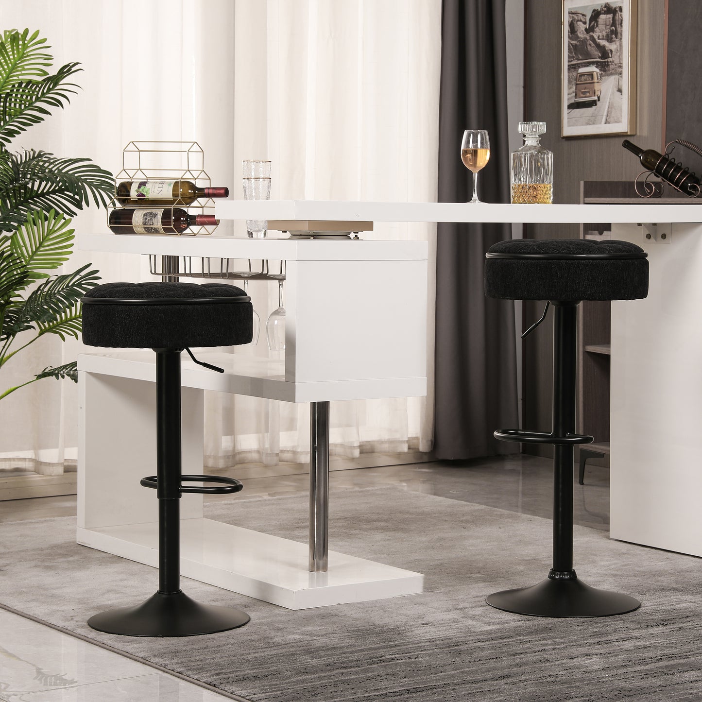 Round Storage Bar Stool Set of 2, Black Linen Height Adjustable Barstool, 360°Counter Height Swivel Stool, Armless Bar Chair with Metal Frame for Kitchen Counter Dining Living Room