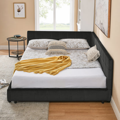 Queen Size Upholstered Tufted Bed Frame, Sofa Bed Frame with Comfortable Backrest and Armrests, Queen Size Bed for Bedroom, Living Room,Velvet, BLACK(85.5''*64.5''*30.5'')