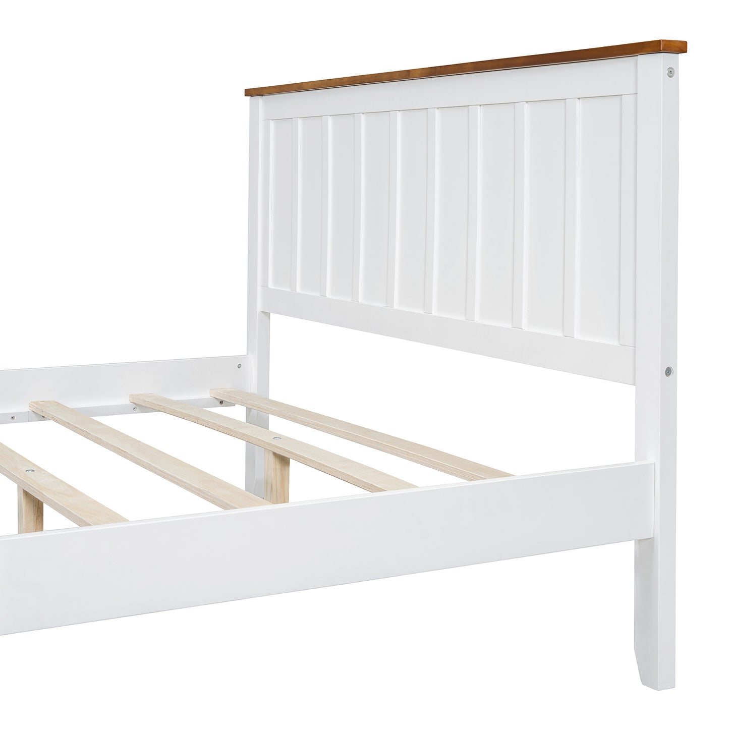 Queen Size Wood Platform Bed Wooden Slat Support, Vintage Simple Bed Frame with Rectangular Headboard and Footboard, White