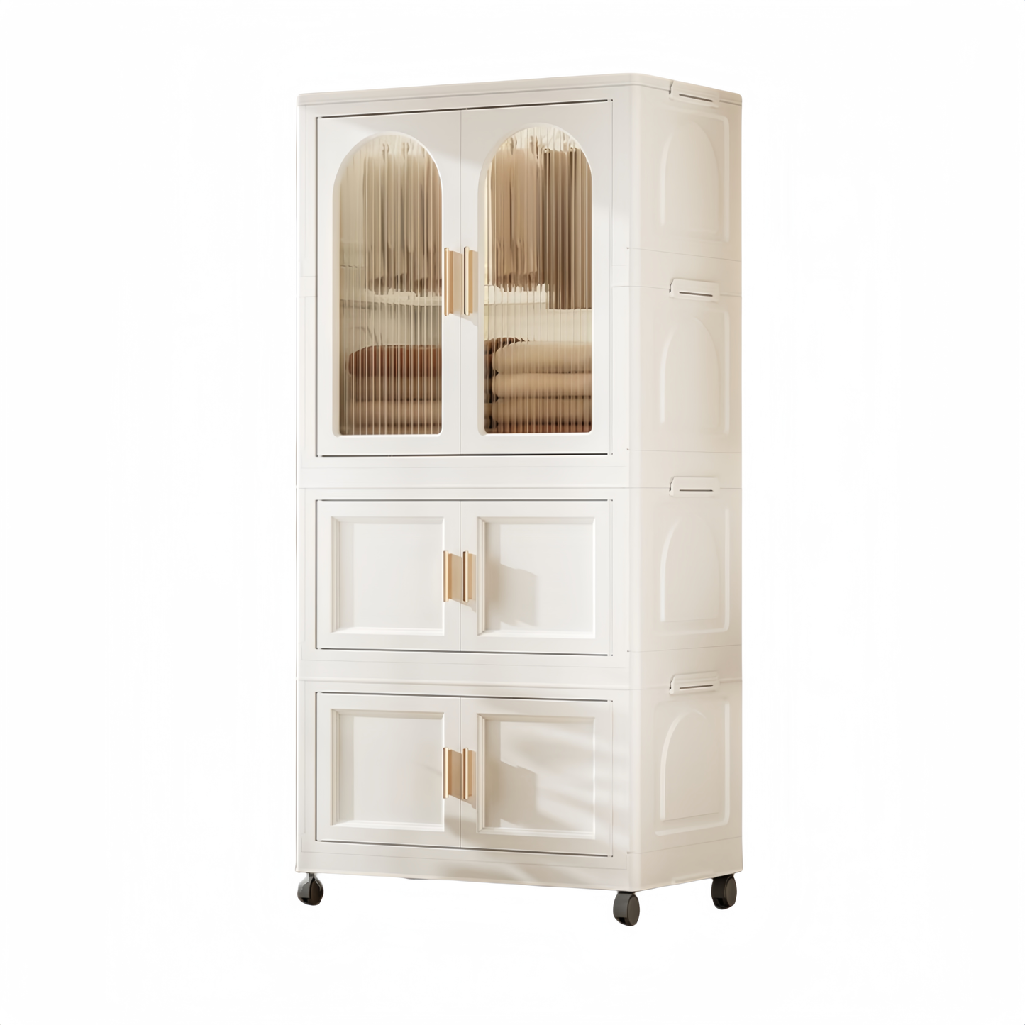 25.59" Side Wide Folding Wardrobe , 25.59"×15.75"×57.09",  with Magnetic Door, Plastic Storage Cabinet with Wheels( one layer of wardrobe + two layers of  folding boxes+10 hangers )