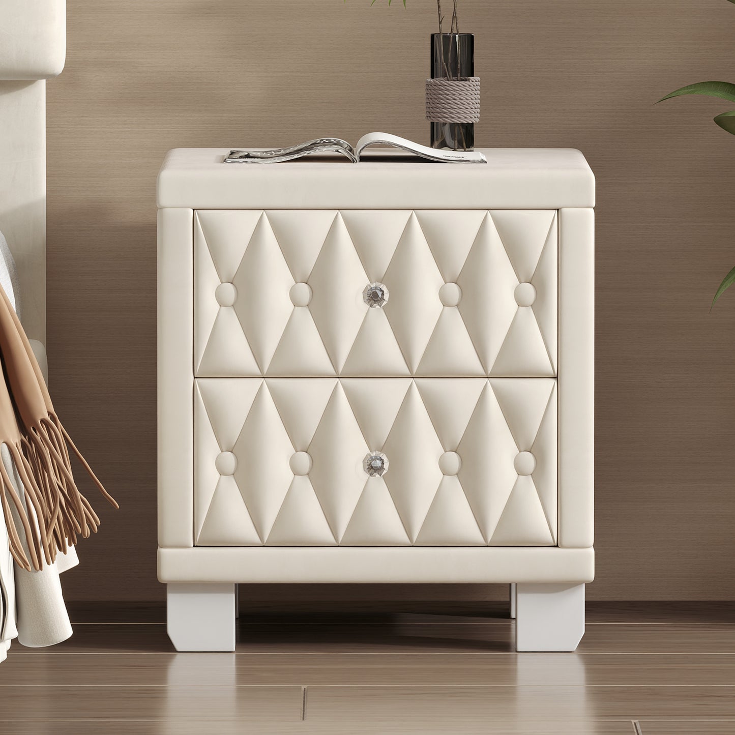 Elegant Velvet Nightstand with 2 Drawers and Crystal Handle, Storage Bedside Table with Button-Tufted, Beige