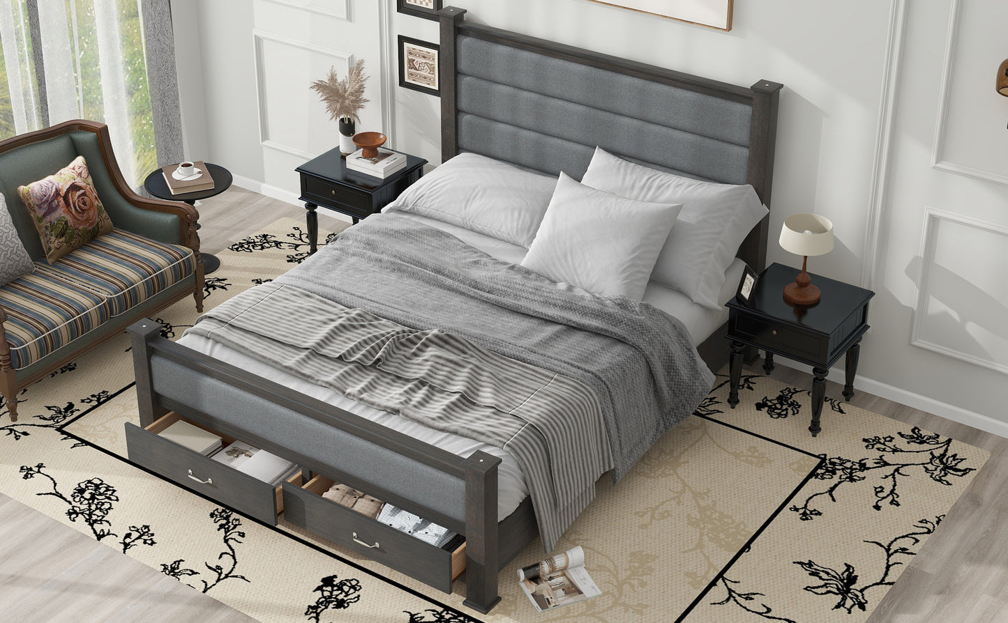 Queen Size Wood Frame Platform Bed with Upholstered Headboard, Footboard and 2 Drawers, Antique Gray