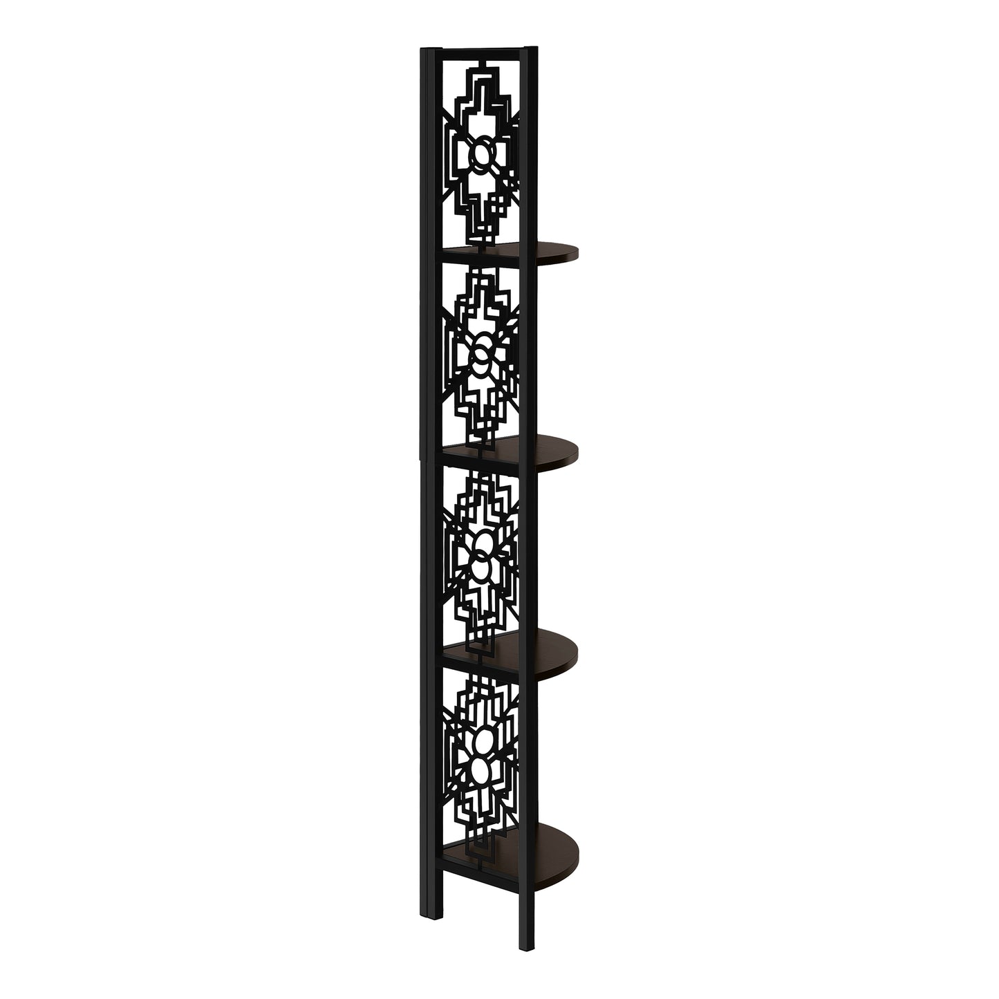 Bookshelf, Bookcase, Etagere, Corner, 4 Tier, 62"h, Office, Bedroom, Brown Laminate, Black Metal, Transitional