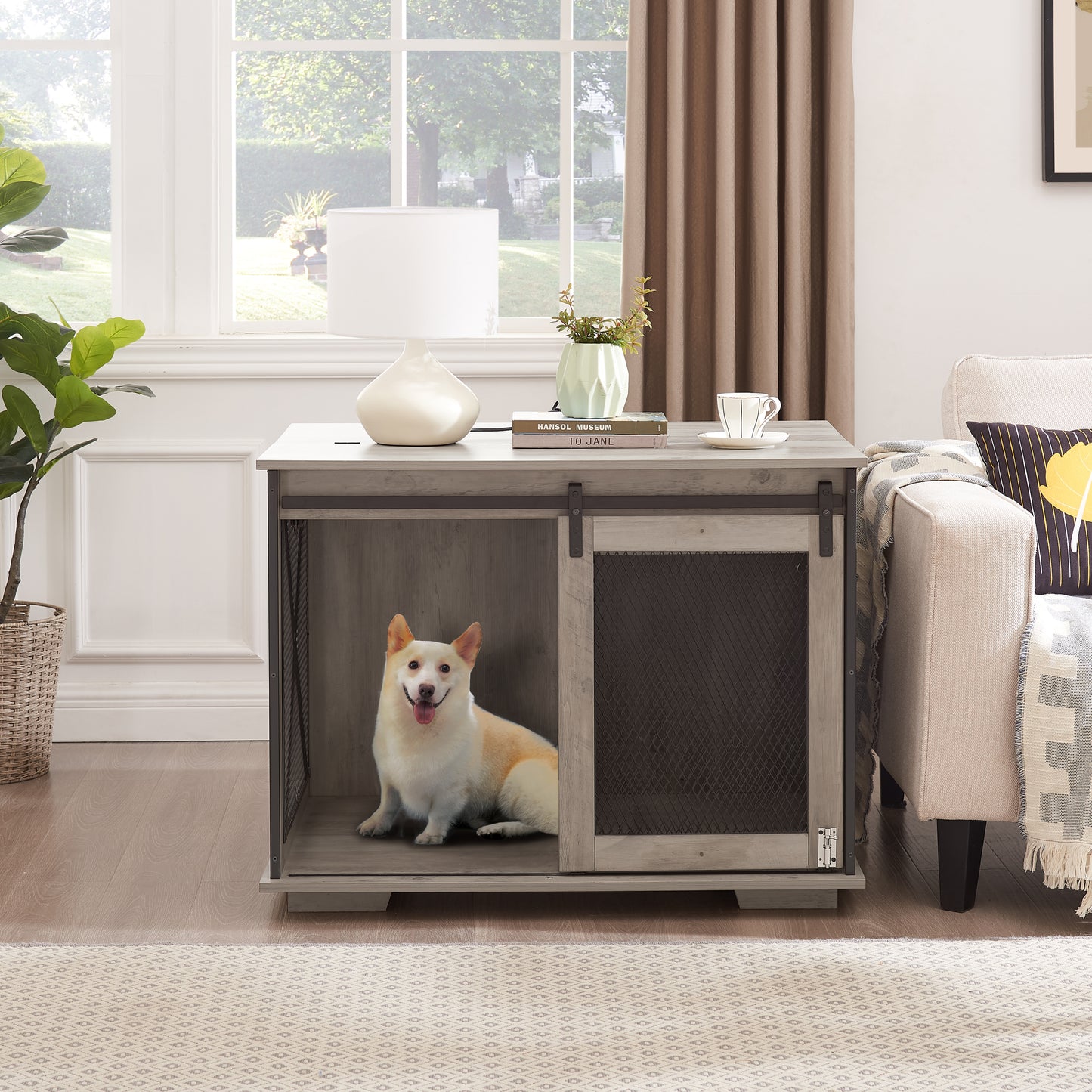 Farmhouse Dog Cage Crate Furniture with Sliding Barn Door,  Farmhouse Wooden Dog Kennel End Table with Flip-top Plate Dog House with Detachable Divider for Small/Medium/Large Dog Gray