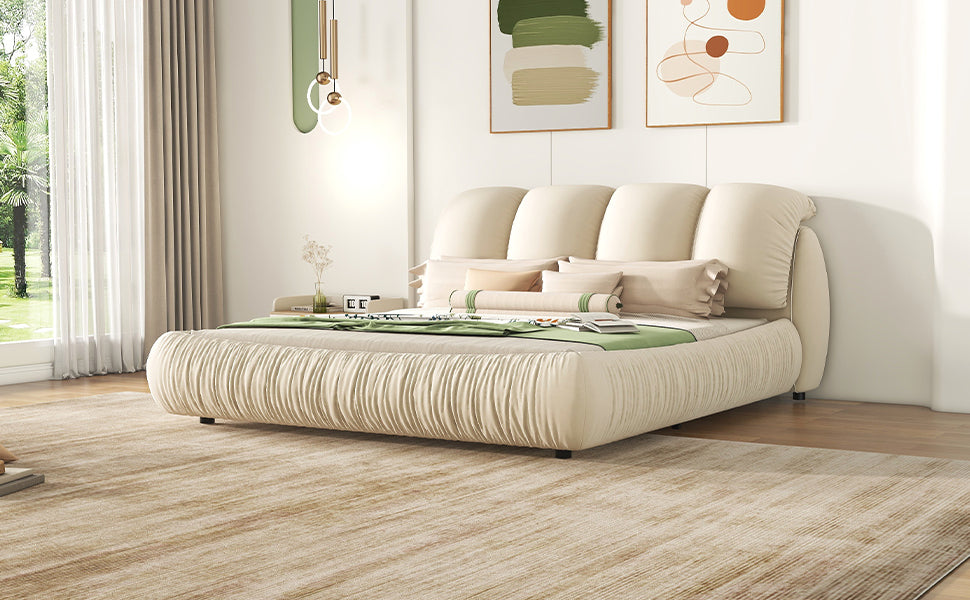 King Size Luxury Upholstered Bed with Thick Headboard, Velvet King Bed with Oversized Padded Backrest, Beige(Expect Arrive date 2024/3/12)