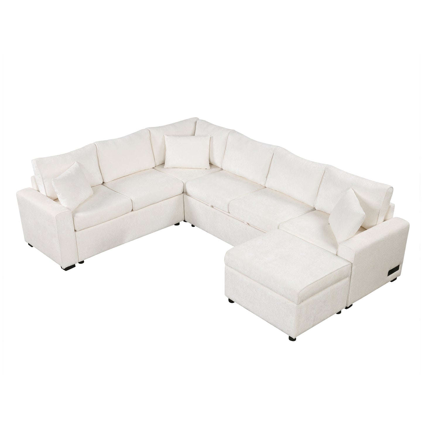 Cream Tweed Chenille Sectional Sofa with Pull-out Bed and Storage Ottoman, 112.2' for Living Room