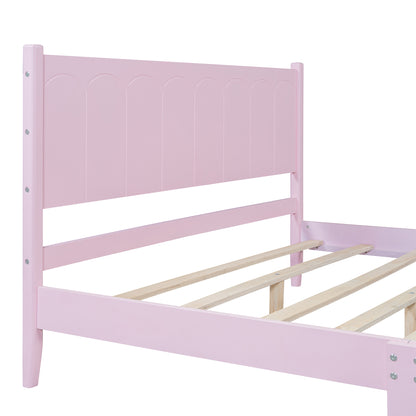 Queen Size Wood Platform Bed Frame, Retro Style  Bed with Rectangular Headboard,No Need Box Spring,Pink