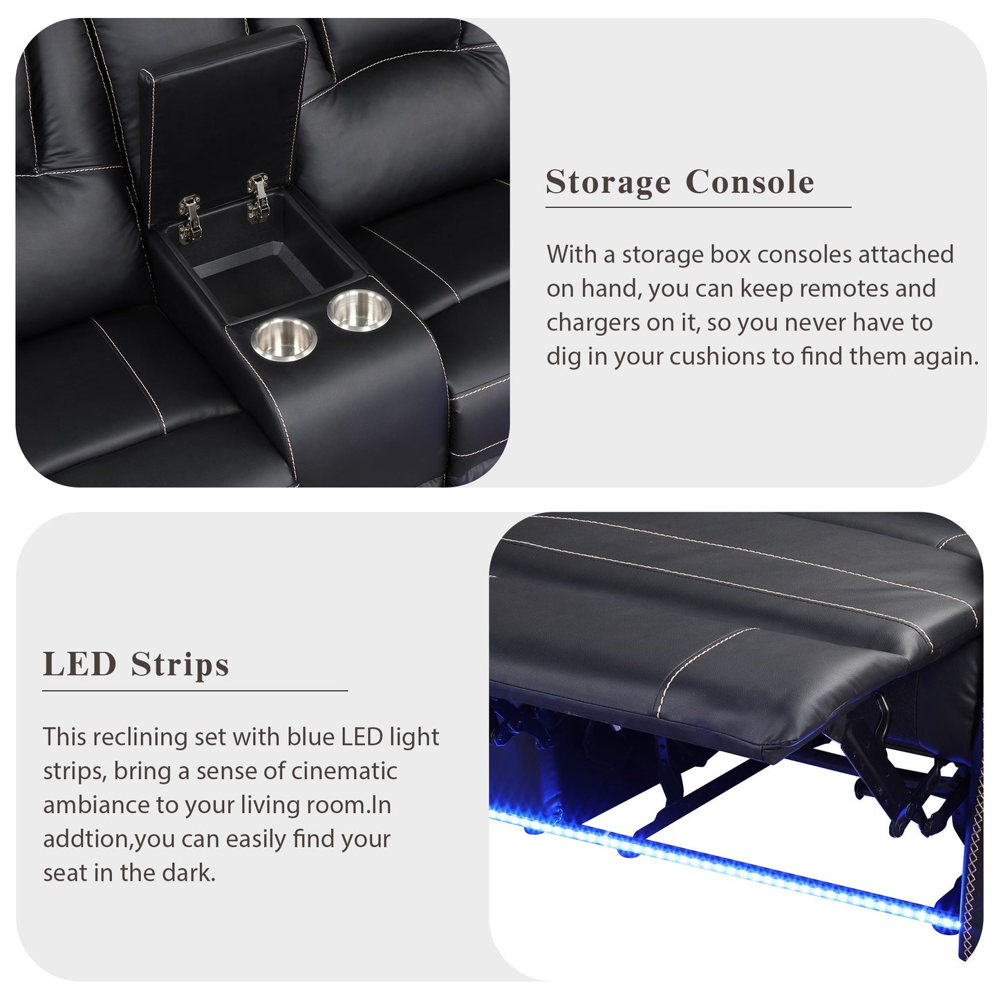 Modern Faux Leather Manual Reclining with Center Console with LED Light Strip,Living Room Furniture Set,PU Symmetrical Couch with 2 Cup Holders and Storage for Living room,Black