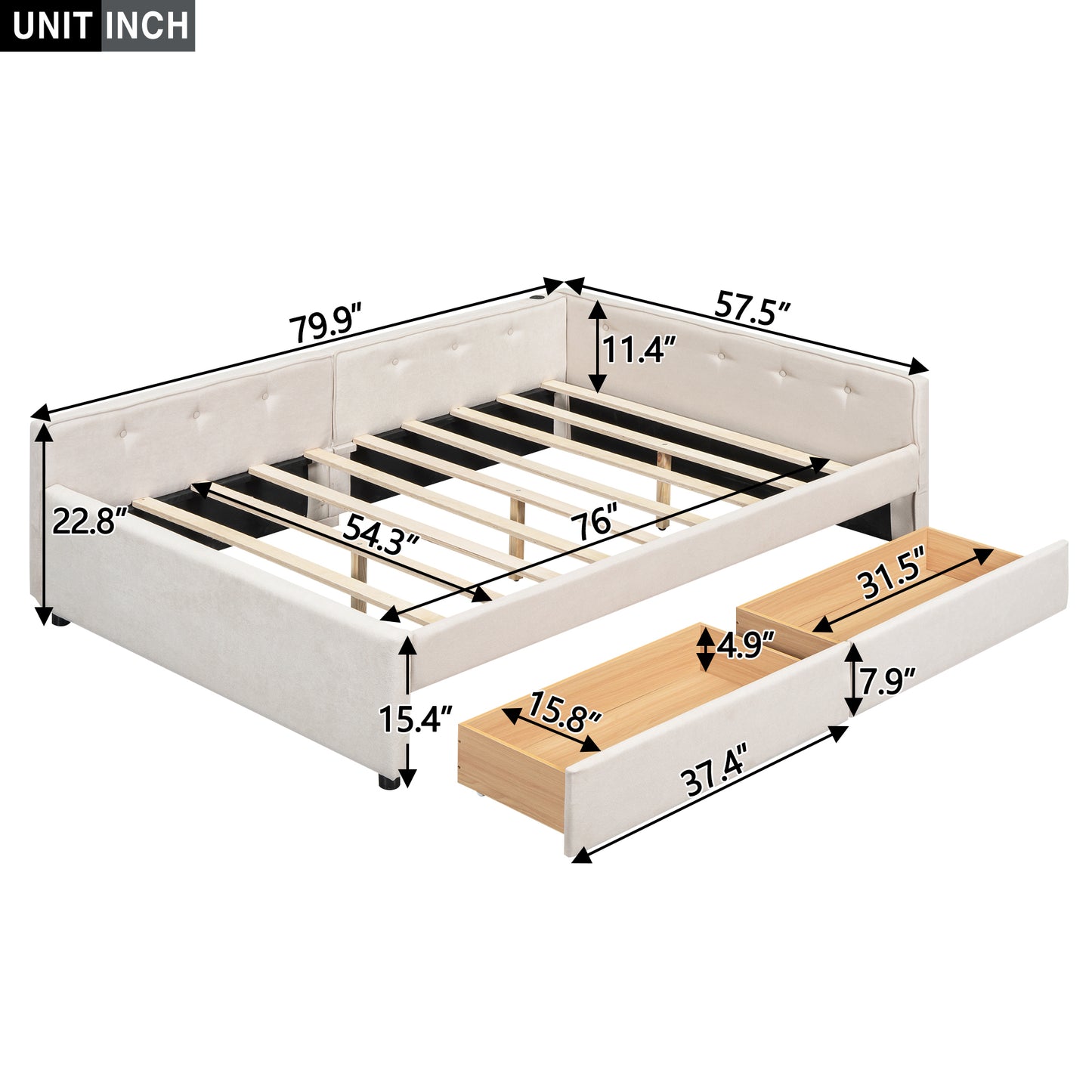 Full Size Upholstered Platform Bed with USB and 2 Drawers, Beige