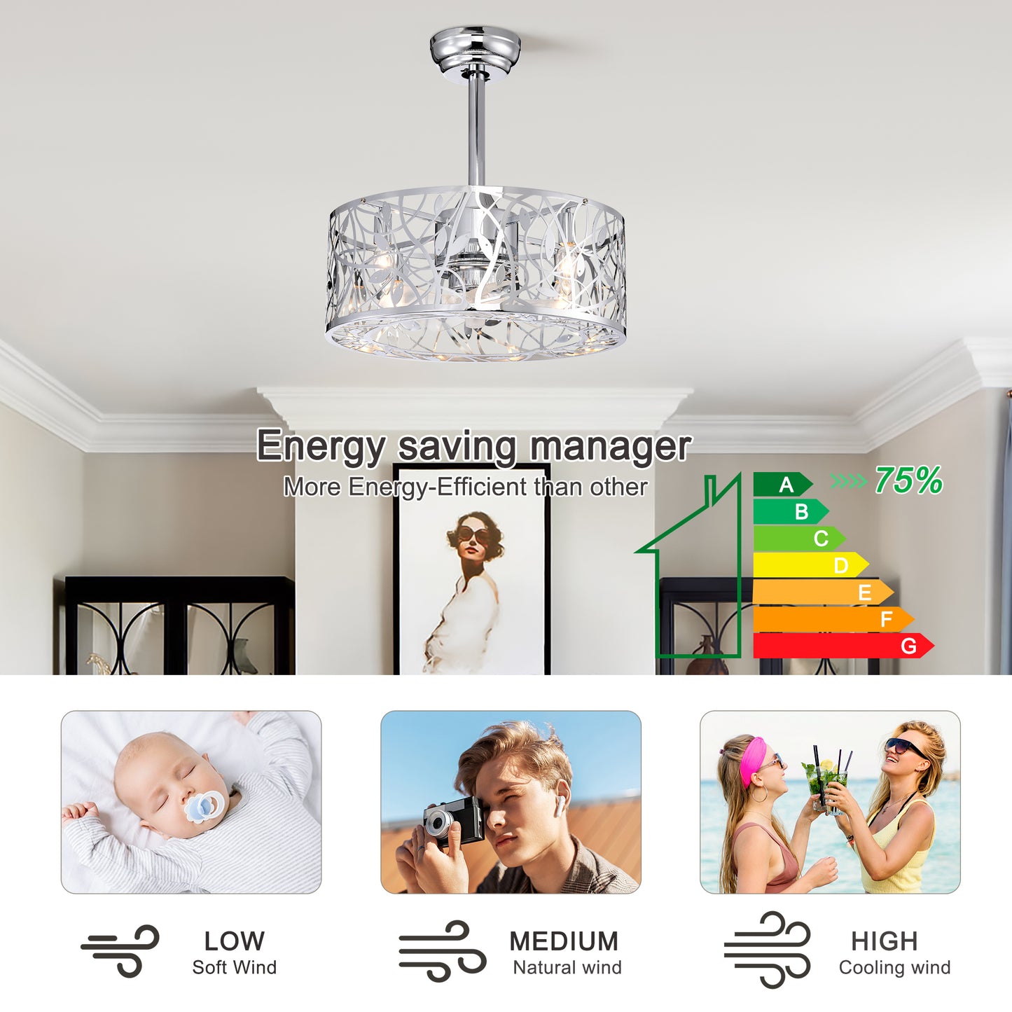 18'' Decor Forward Reverse 5 Blades Ceiling Fan Lamps,Cage Closed  Industrial Style Vintage Fan Ceiling Fan with 3 Speeds Adjustable for Living Room, Bedroom, Kitchen