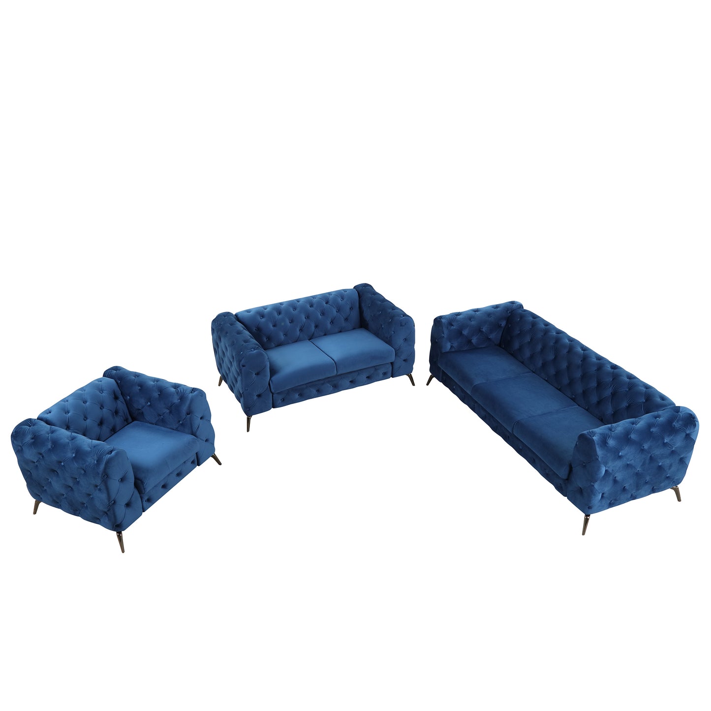 Modern 3-Piece Sofa Sets with Sturdy Metal Legs,Velvet Upholstered Couches Sets Including Three Seat Sofa, Loveseat and Single Chair for Living Room Furniture Set,Blue