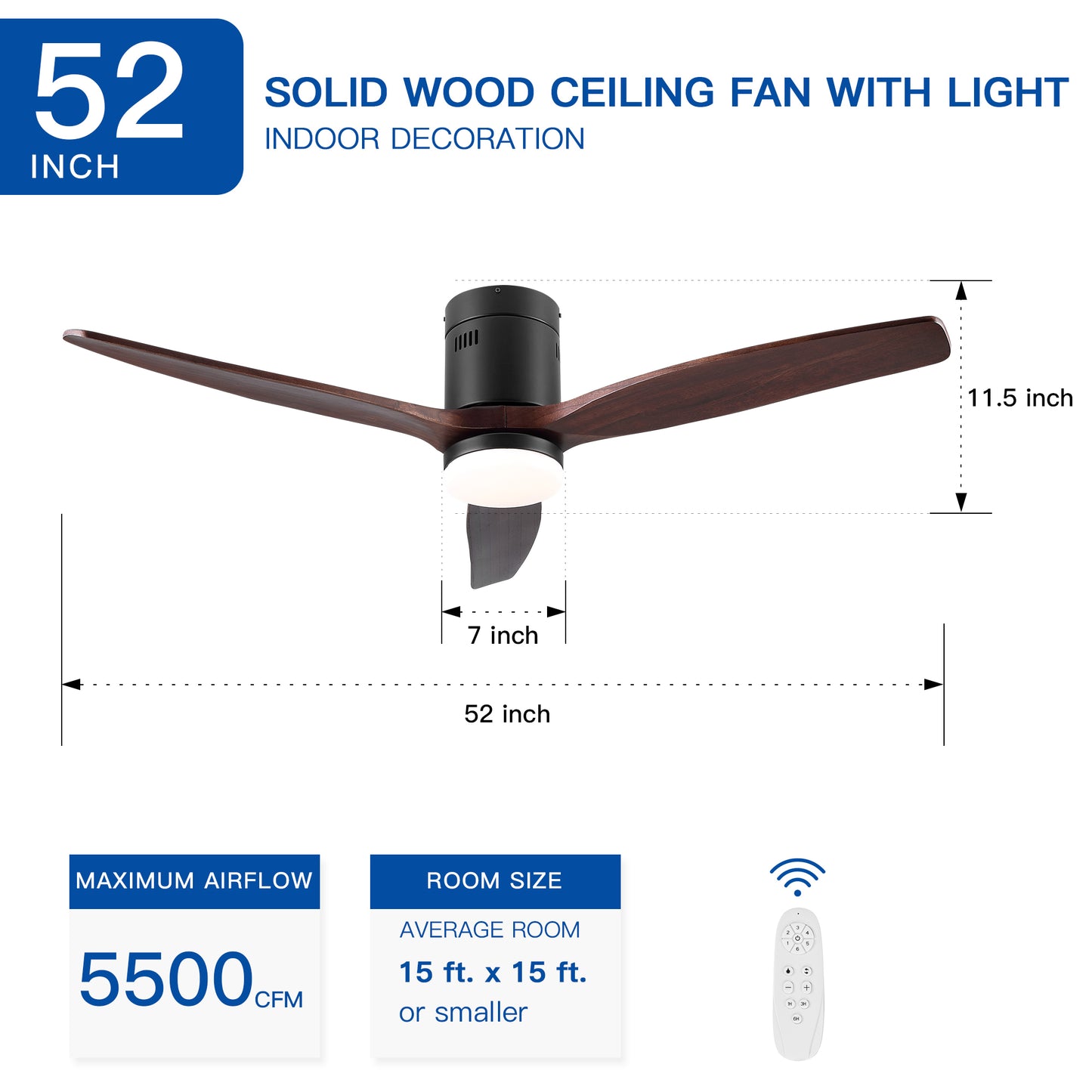 52 In.Intergrated LED Low Profile Ceiling Fan Lighting with Brown Solid Wood Blade