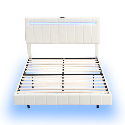 Queen Size Floating Bed Frame with LED Lights and USB Charging,Modern Upholstered Platform LED Bed Frame, White