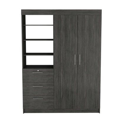 Kenya Armoire with Double Door, Three Drawers, 3-Tier Shelf and double hanging Rod Smokey Oak