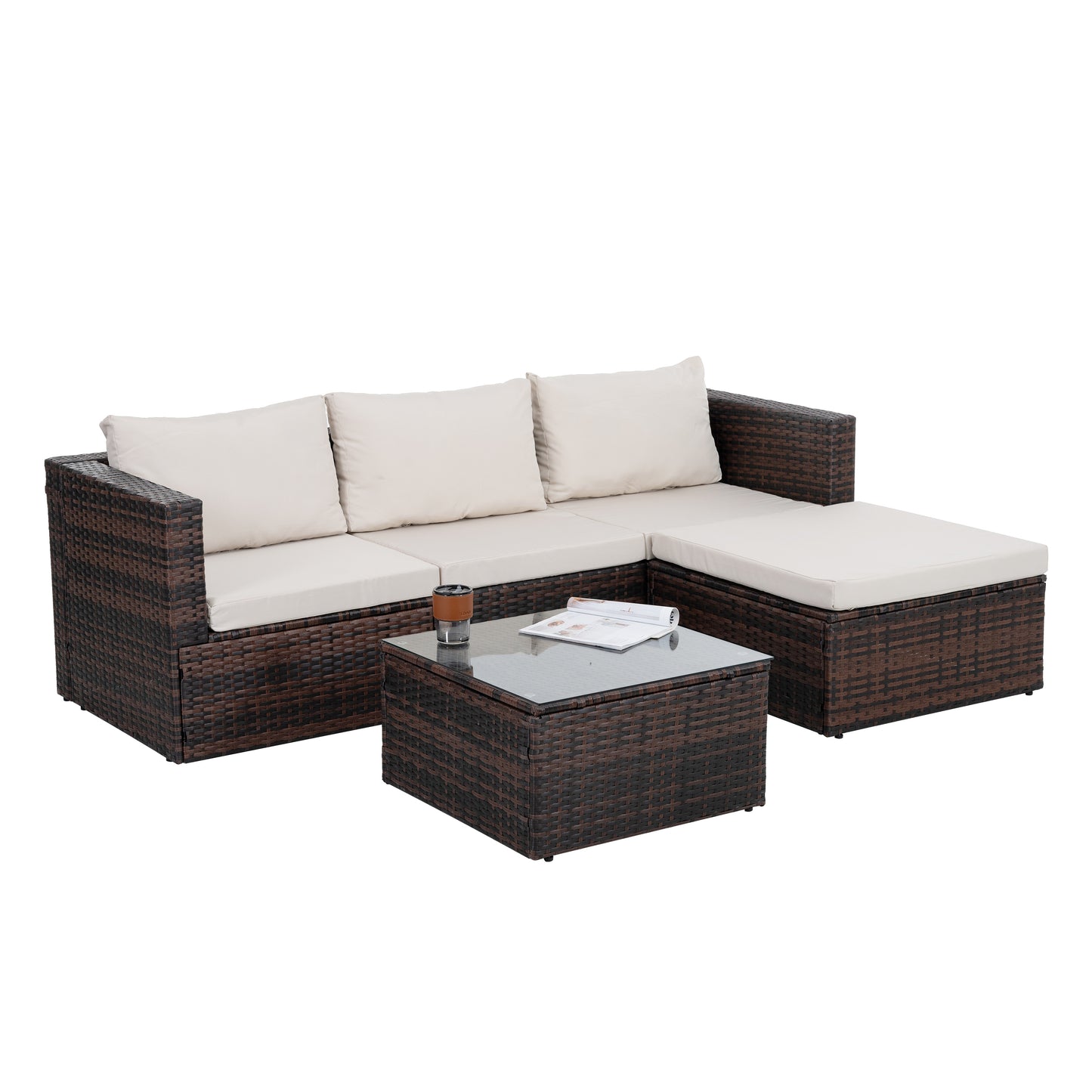 Patio Furniture, Outdoor Furniture, Seasonal PE Wicker Furniture, 5 Set Wicker Furniture With Tempered Glass Coffee Table,