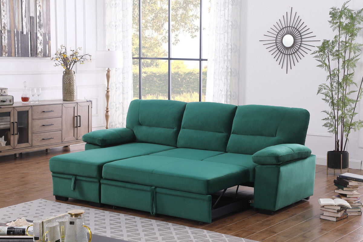 Kipling 97.5" Green Velvet Fabric Reversible Sleeper Sectional Sofa Chaise