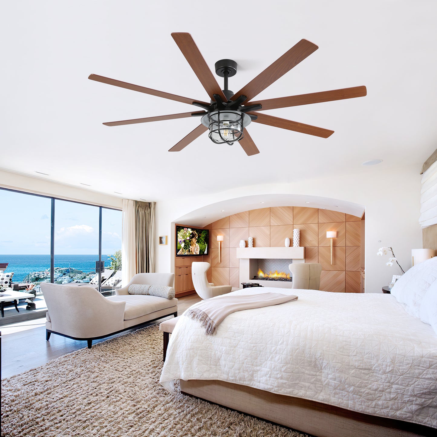 Modern 66 Inch Ceiling Fan With 6 Speed Wind 8 Blades Remote Control Reversible DC Motor With Light