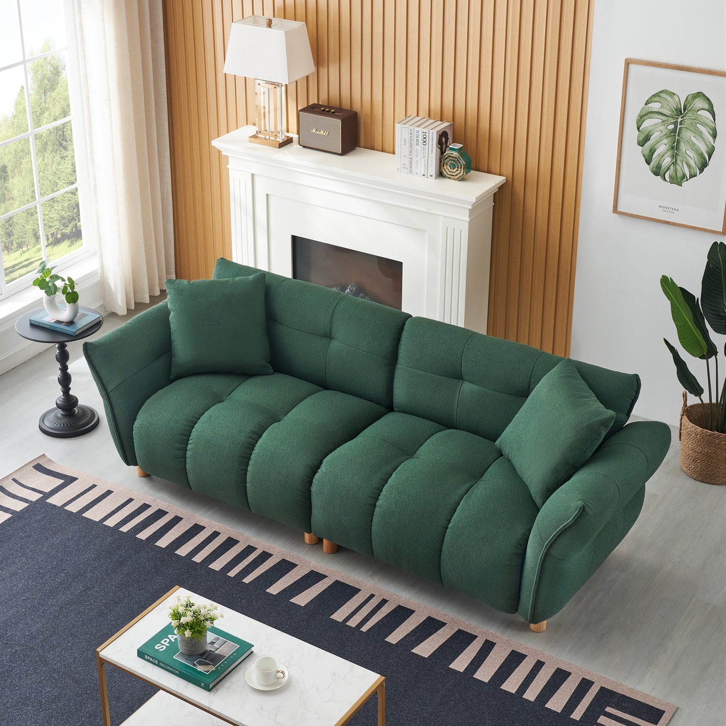 93.70 inches long, Teddy Sofa Fabric,with two matching pillows and three spacious and comfortable seats, for Apartment Office Living Room - Green