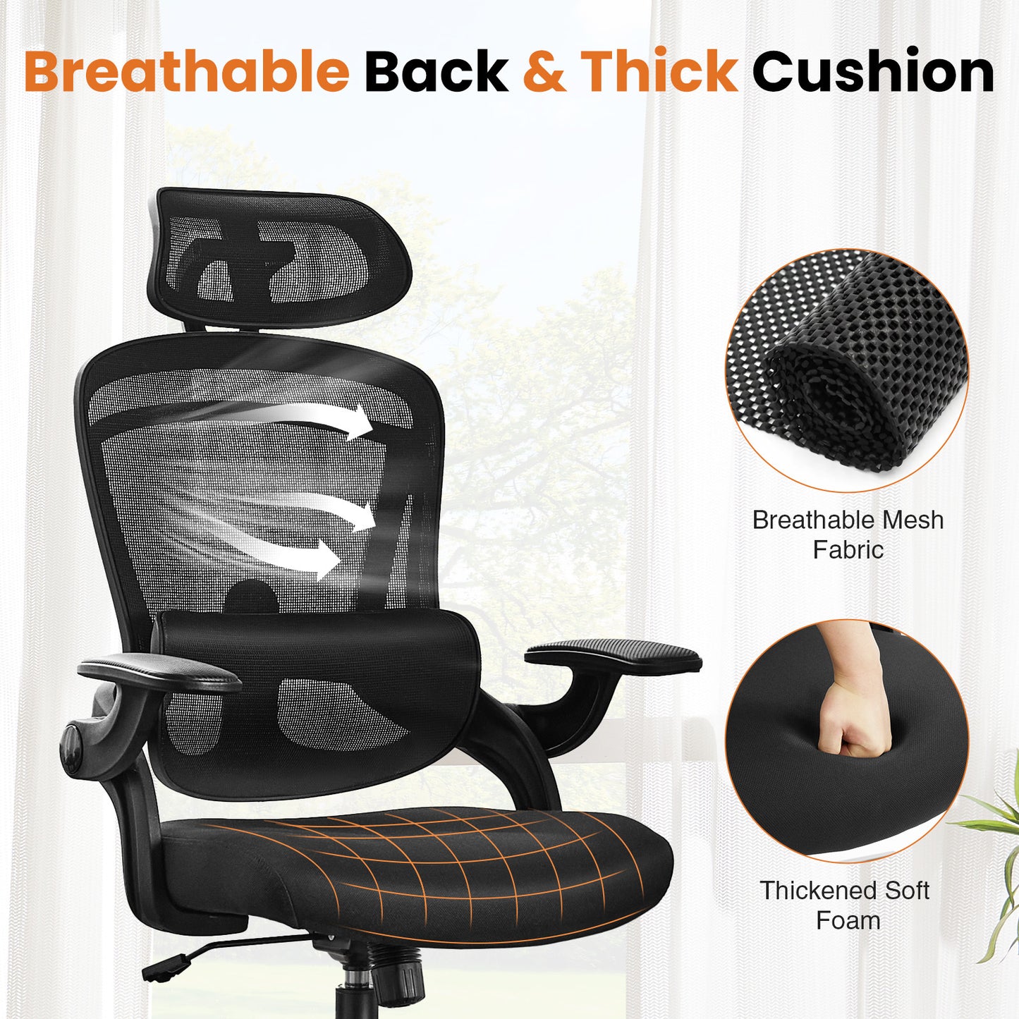 High Back Desk Chair with Adjustable Lumbar Support & Headrest,Comfortable Mesh Computer Chair with Soft Flip Up Arms, Adjustable Height and 120°Tilt,Black