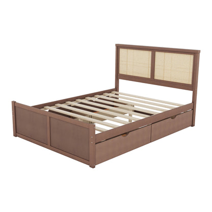 Queen Size Wood Storage Platform Bed with 4 Drawers, Rattan Headboard, Espresso