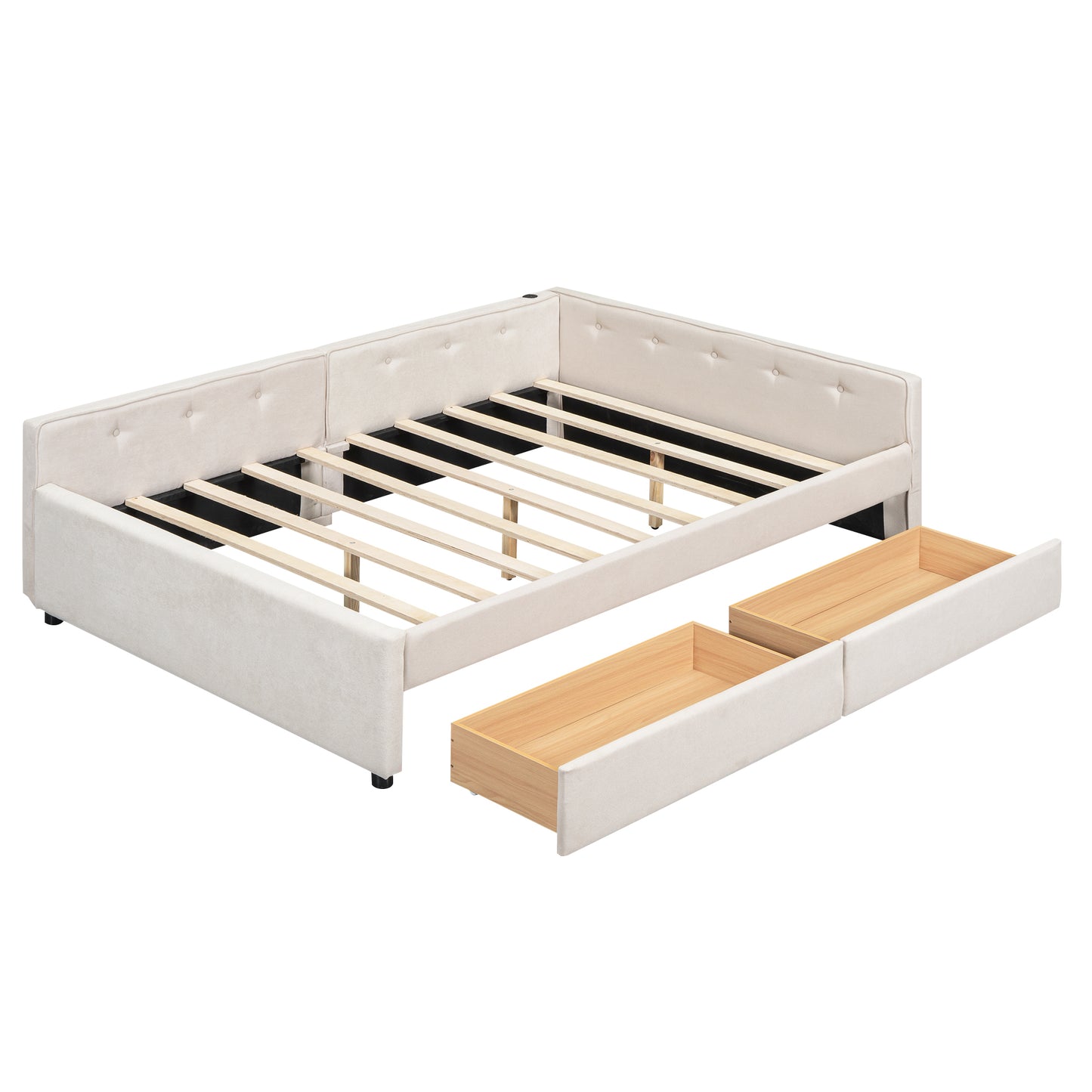 Full Size Upholstered Platform Bed with USB and 2 Drawers, Beige