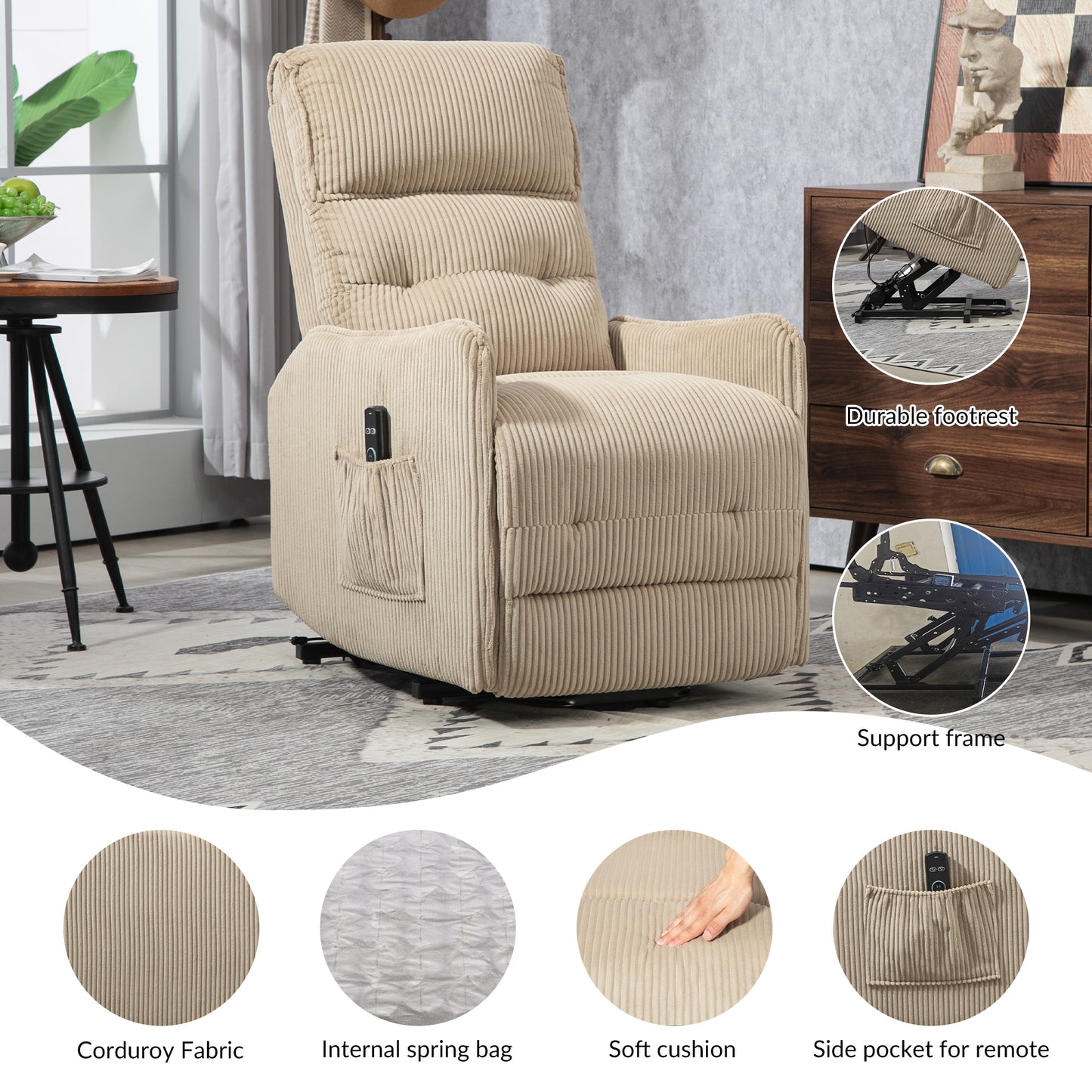 COOLMORE Recliner Chair, Electric Recliner Chairs for Adults, Side Pocket Power Reclining Chair Pocket Springs Seat Cushion, Corduroy Fabric Recliner Sofa for Living Room, Bedroom, Home Theater(Camel)