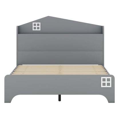 Wooden Full Size House Bed with Storage Headboard ,Kids Bed with Storage Shelf,Grey