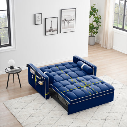 Sleeper Sofa Couch w/Pull Out Bed, 55" Modern Velvet Convertible Sleeper Sofa Bed, Small Love seat Sofa Bed w/Pillows & Side Pockets for Small Space, Living Room, Apartment,Blue