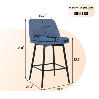 Counter Height Swivel Bar Stools Set of 2, 360° Swivel Upholstered Barstools with Back and Metal Legs, 25.6" Seat Height,Counter Stools for Kitchen Island and Pub,Linen Cloth,Blue Linen