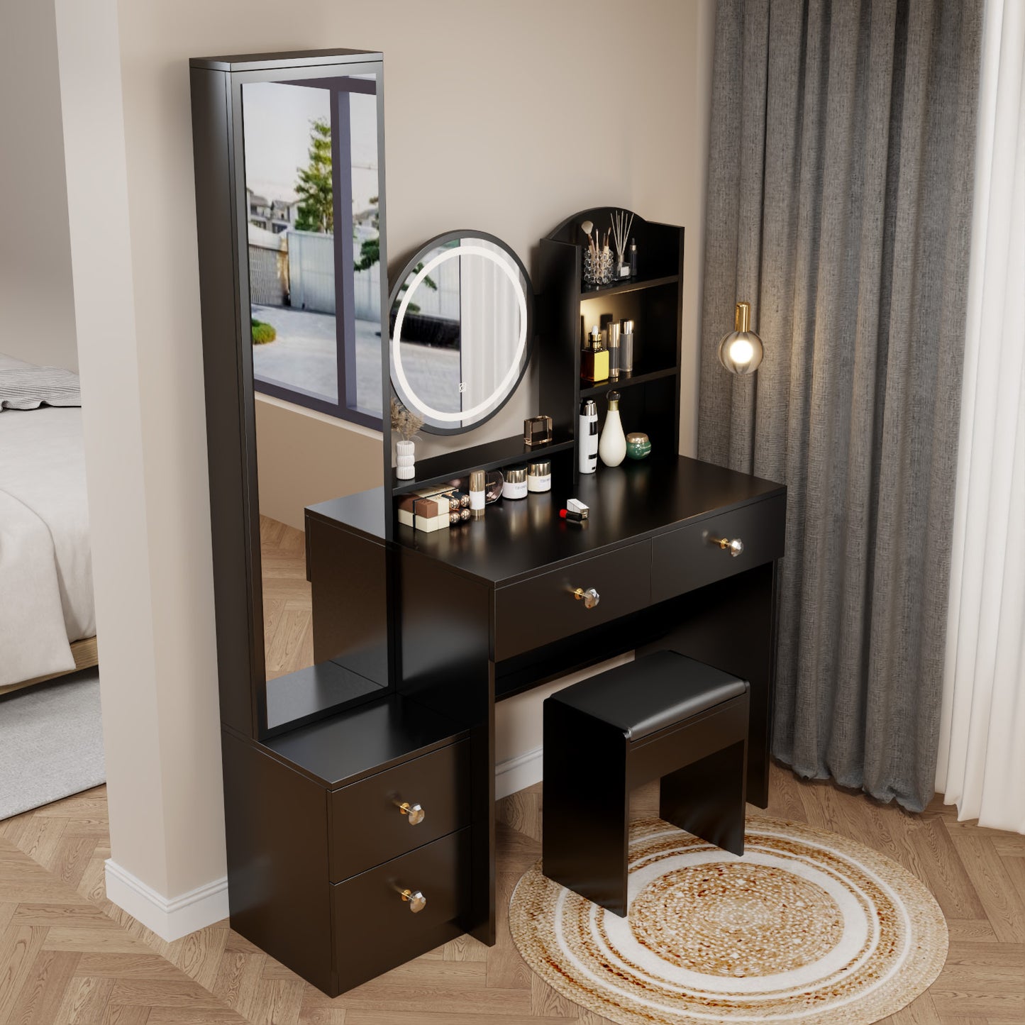 Full Body Mirror Cabinet + Round Mirror LED Vanity Table + Cushioned Stool, 17" diameter LED Mirror, Touch Control, 3-color, Brightness adjustable, Large desktop, Multi-layer High Capacity Storage