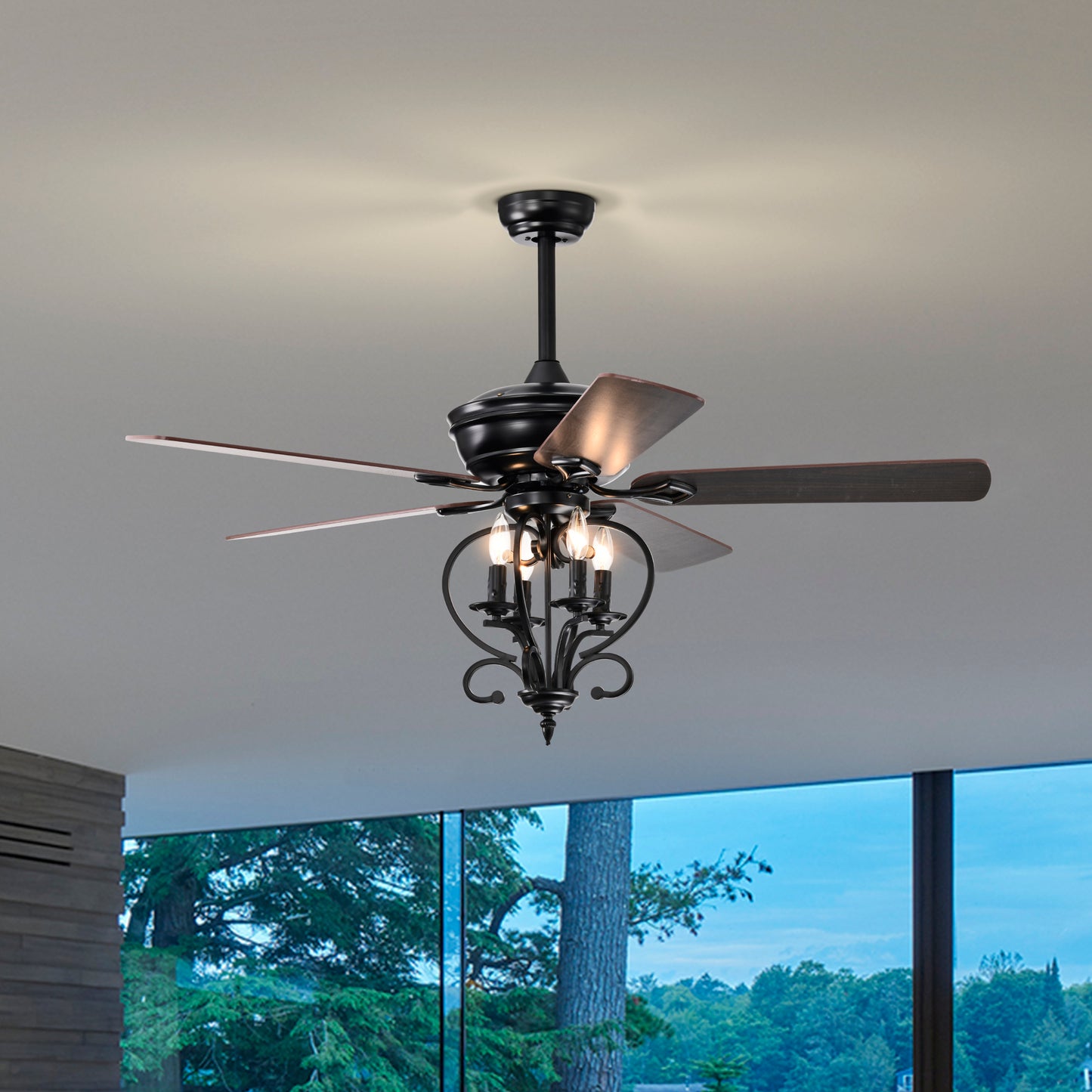 52 inch 4 Lights Ceiling Fan with 5 Wood Blades, Two-color fan blade, AC Motor, Remote Control, Reversible Airflow, 3-Speed, Adjustable Height, Traditional Ceiling Fan for home decorate (Matte Black)