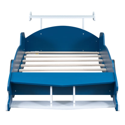 Twin Size Race Car-Shaped Platform Bed with Wheels,Blue